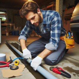 Сантехник прокладывает трубы в гараже