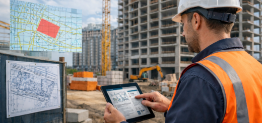 Людина перевіряє чи совпадае те що написано на сайті забудовника с тим, що проісходить на будівельному майданчику