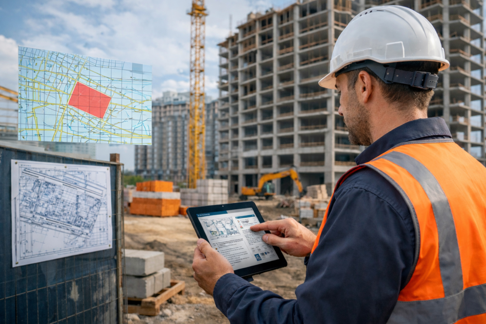 Людина перевіряє чи совпадае те що написано на сайті забудовника с тим, що проісходить на будівельному майданчику