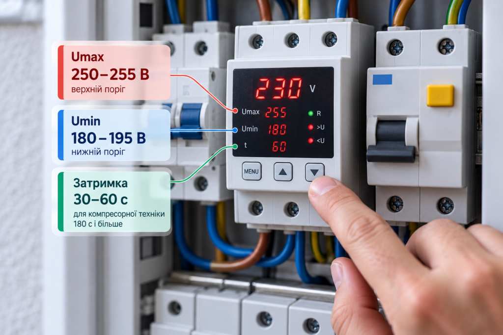 Налаштування реле напруги 230 В в електрощиті: верхній поріг Umax 250–255 В, нижній Umin 180–195 В та затримка ввімкнення