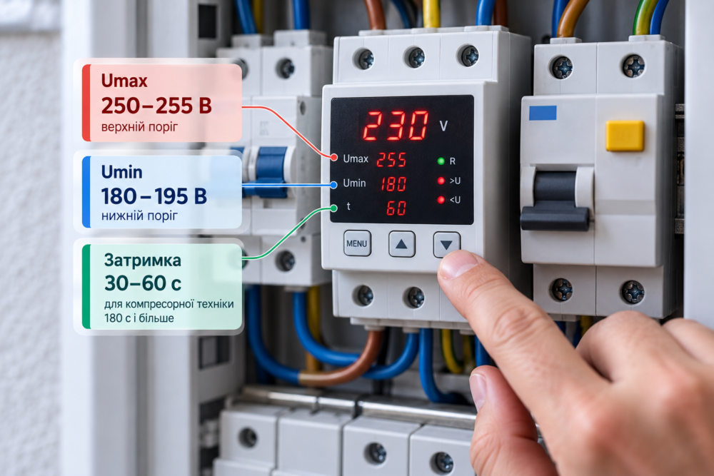 Налаштування реле напруги 230 В в електрощиті: верхній поріг Umax 250–255 В, нижній Umin 180–195 В та затримка ввімкнення